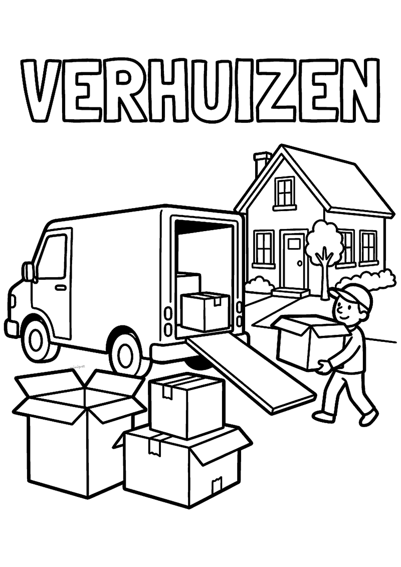 Verhuiswagen met dozen en huis kleurplaat