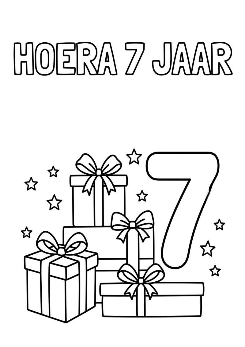 Verjaardag Hoera 7 Jaar Kleurplaat — gratis kleurplaat printen