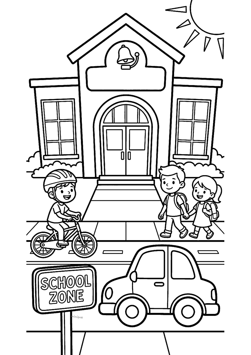 Kleurplaat van een school met bel, een jongen op de fiets met helm, twee kinderen op het zebrapad en een auto