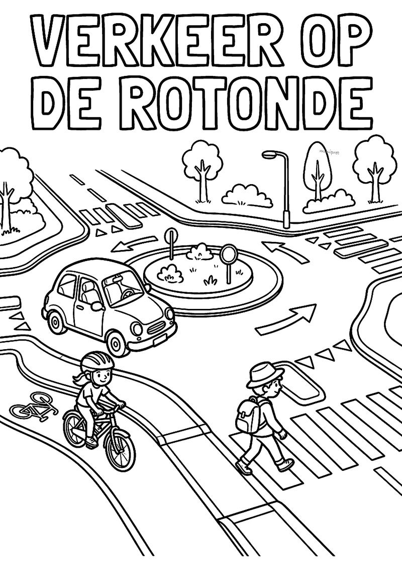 Kleurplaat van een rotonde met een auto, een fietser met helm op het fietspad en een voetganger op het zebrapad