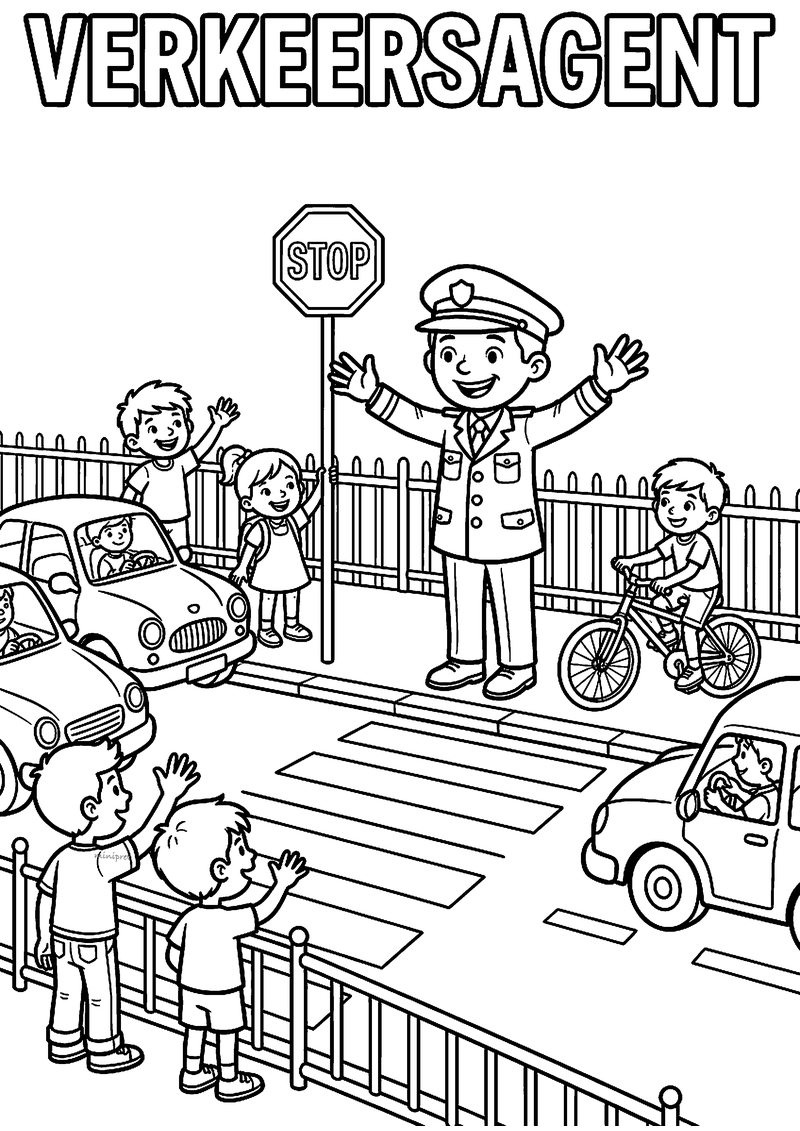 Kleurplaat van een verkeersagent met armen wijd bij een stopbord, met zwaaiende kinderen, auto's en een fietser