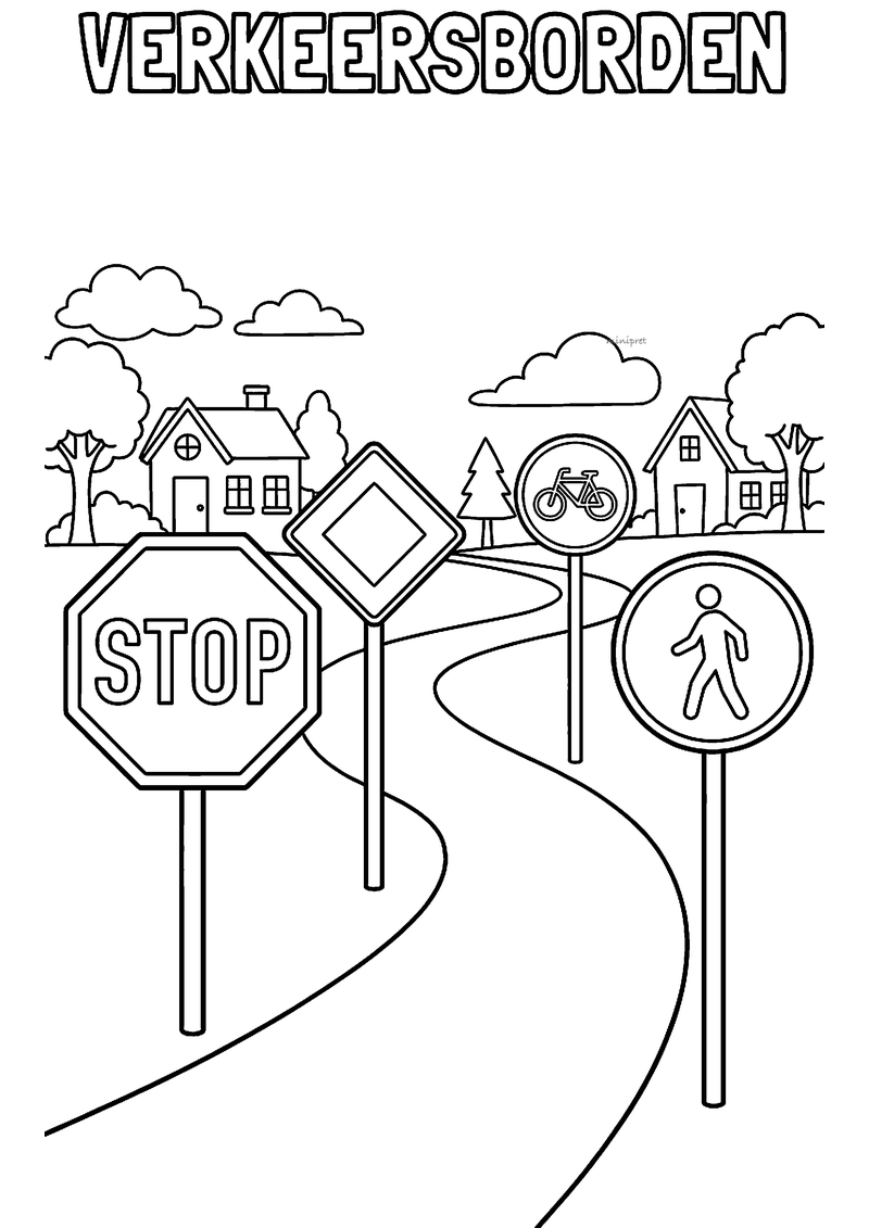 Kleurplaat van vier verkeersborden langs een slingerweg: stopbord, voorrangsweg, fietspad en voetgangersbord
