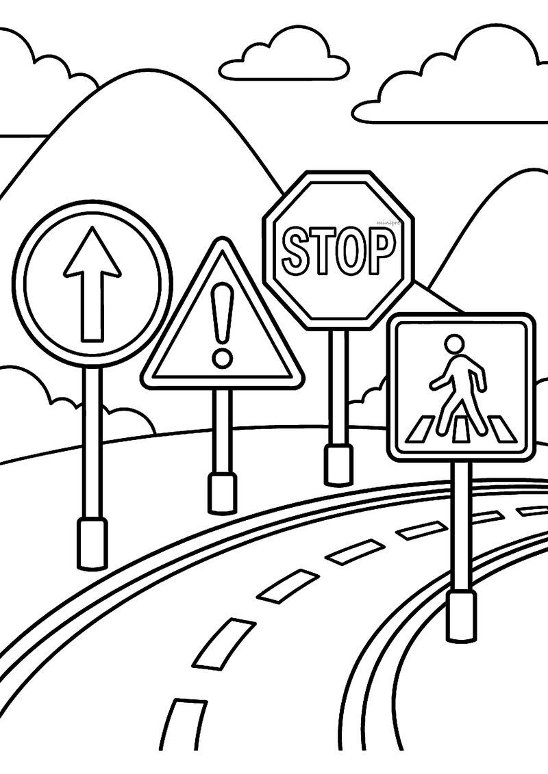 Kleurplaat van vier verkeersborden bij een bochtige weg: pijl rechtdoor, waarschuwingsbord, stopbord en zebrapadbord