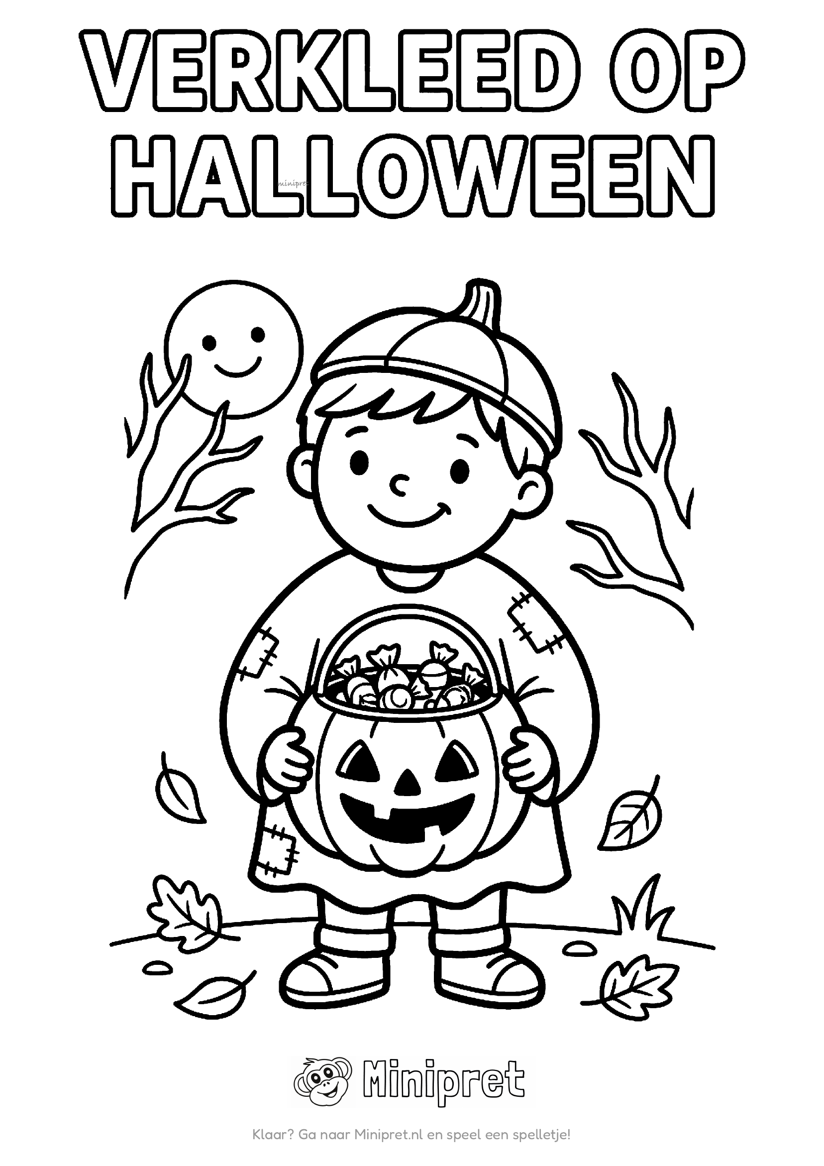 Verkleed op Halloween kleurplaat — kind verkleed als monster of vampier poseert voor een Halloween-spiegel
