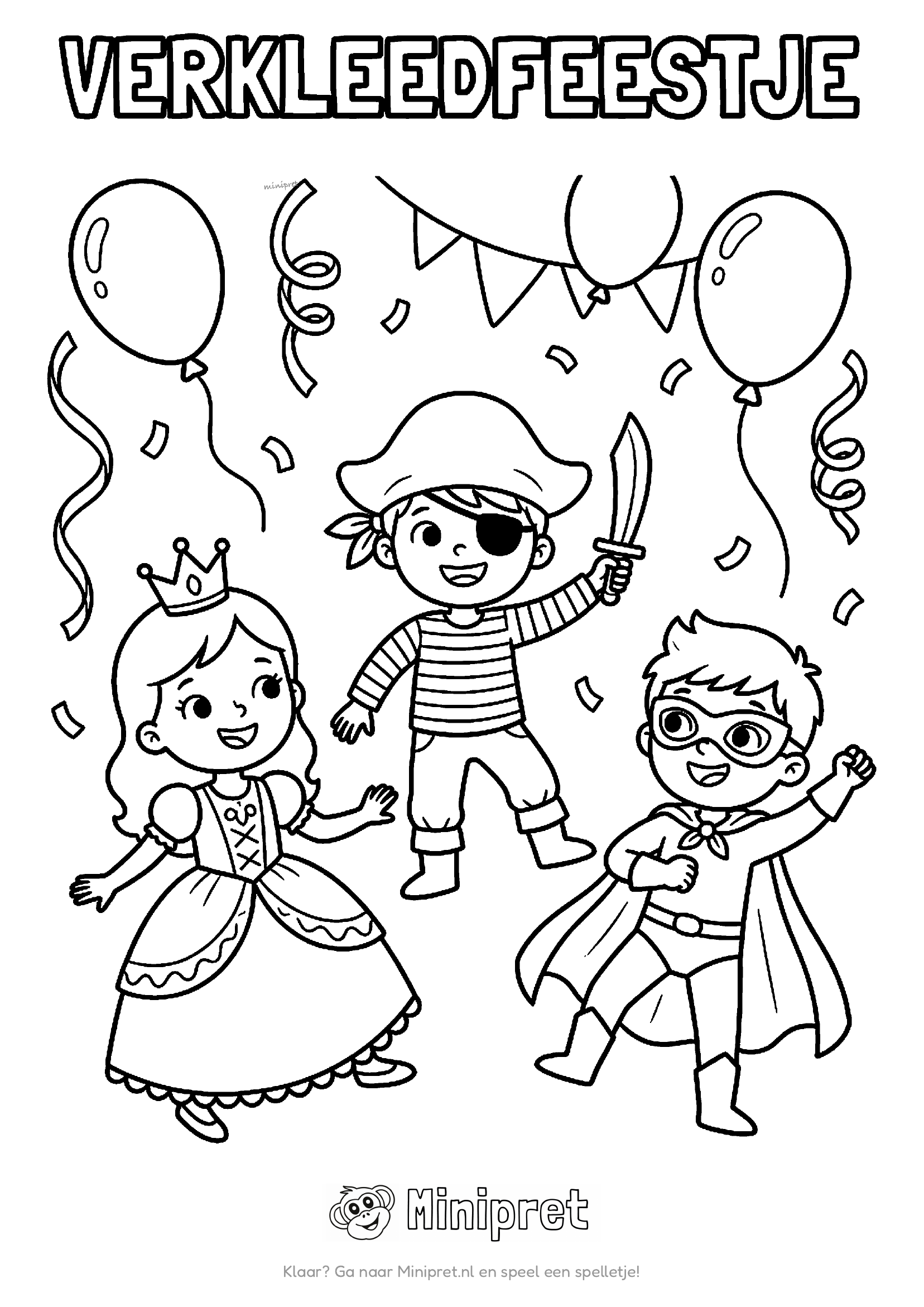 Verkleedfeestje kleurplaat — kinderen in verschillende verkleed-outfits — prinses, superheld, dier — bij een spiegel