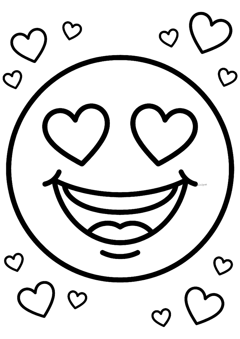 Kleurplaat van een verliefde emoji met hartjes als ogen en een brede lach, omringd door kleine hartjes