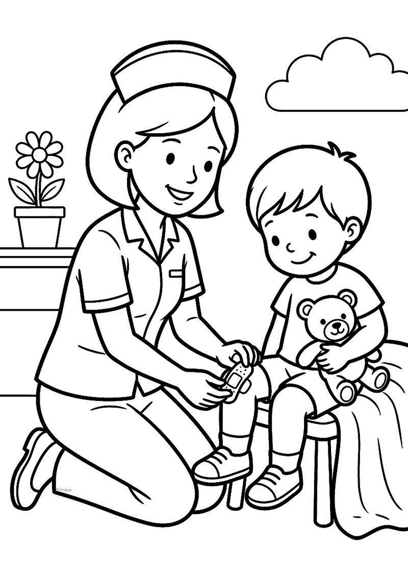 Kleurplaat van een verpleegster met kapje die een pleister op de knie plakt van een jongen met een teddybeer