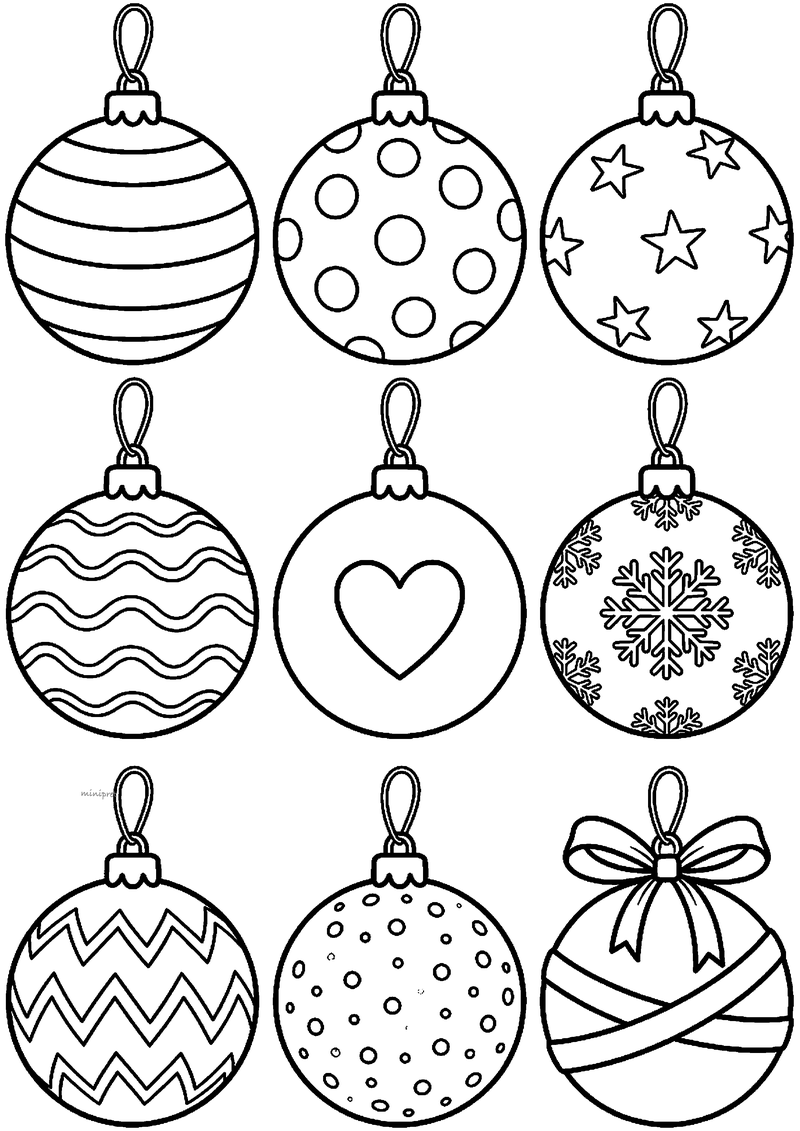 Kleurplaat met negen verschillende kerstballen in een 3x3 raster met patronen van strepen, stippen, sterren, hartje.