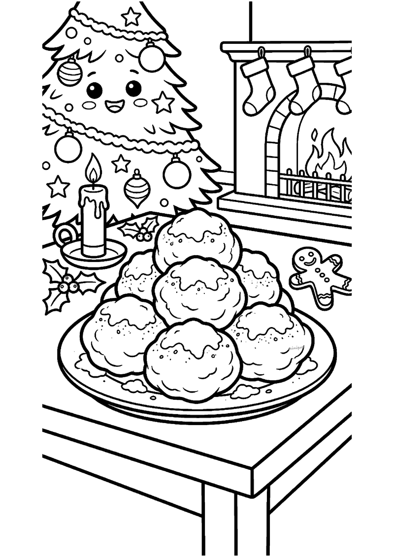 Kleurplaat van bord met vijf gestapelde oliebollen met poedersuiker, met lachende kerstboom, brandende kaars en.