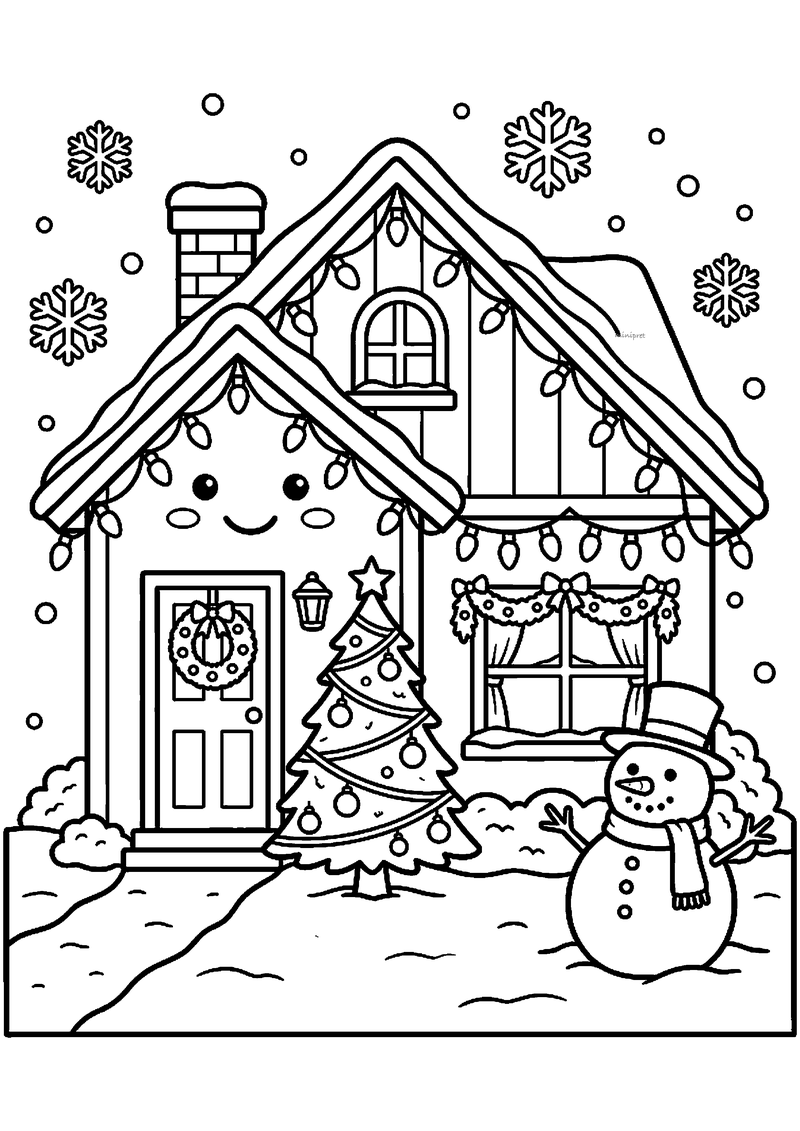 Kleurplaat van versierd huis met gezicht en lichtjesslingers, krans op deur, kerstboompje, sneeuwpop in tuin en.