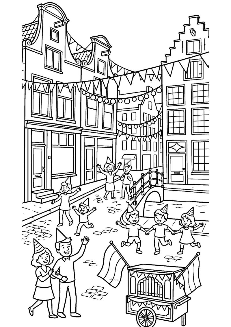 Kleurplaat van een straat met grachtenpanden, vlaggenlijnen, dansende kinderen met feestmutsen, brug en draaiorgel