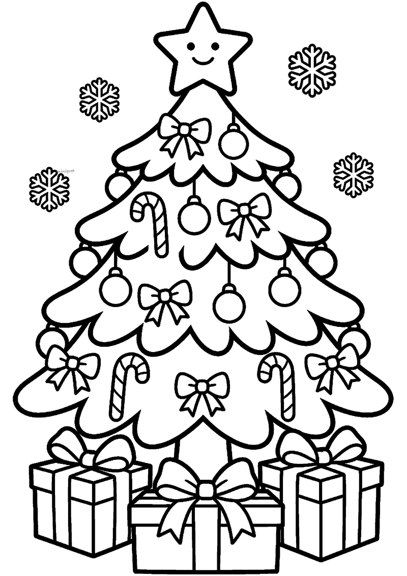 Kleurplaat van een versierde kerstboom met lachende ster, kerstballen, zuurstokken en strikken; drie cadeaus eronder.