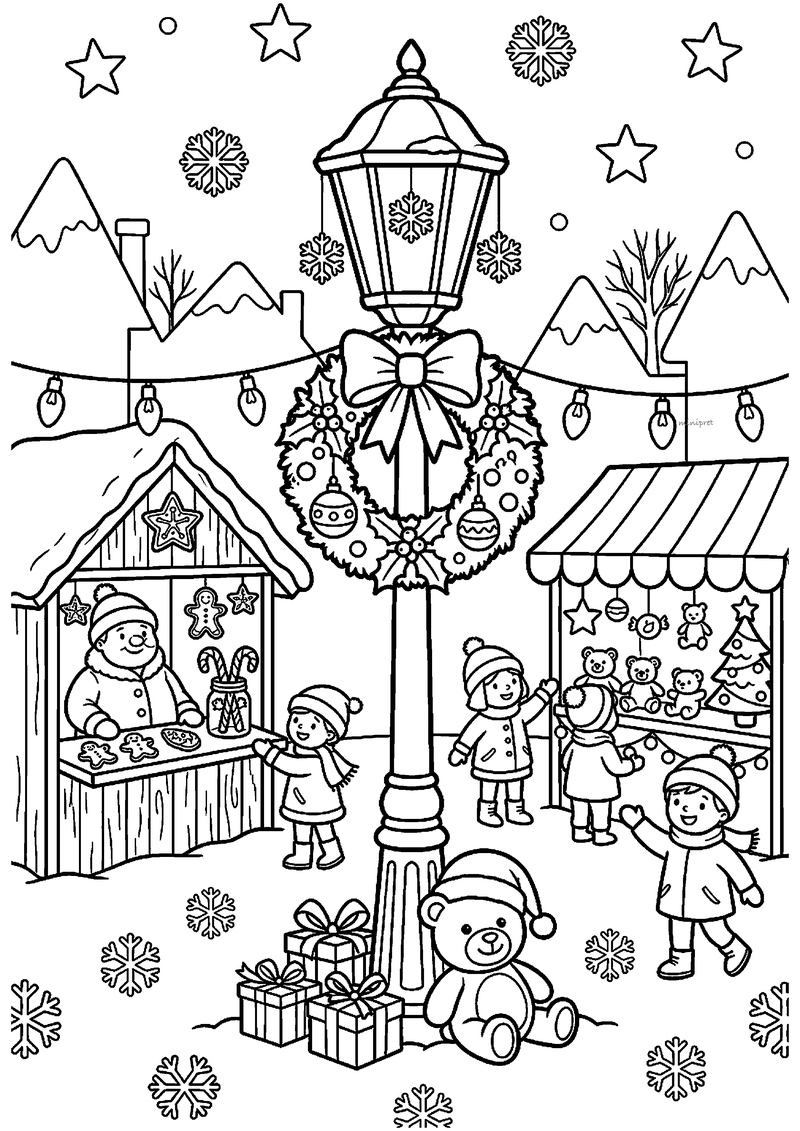 Kleurplaat van lantaarnpaal met kerstkrans en strik op drukke kerstmarkt met Kerstman bij koekjeskraam, kinderen en.