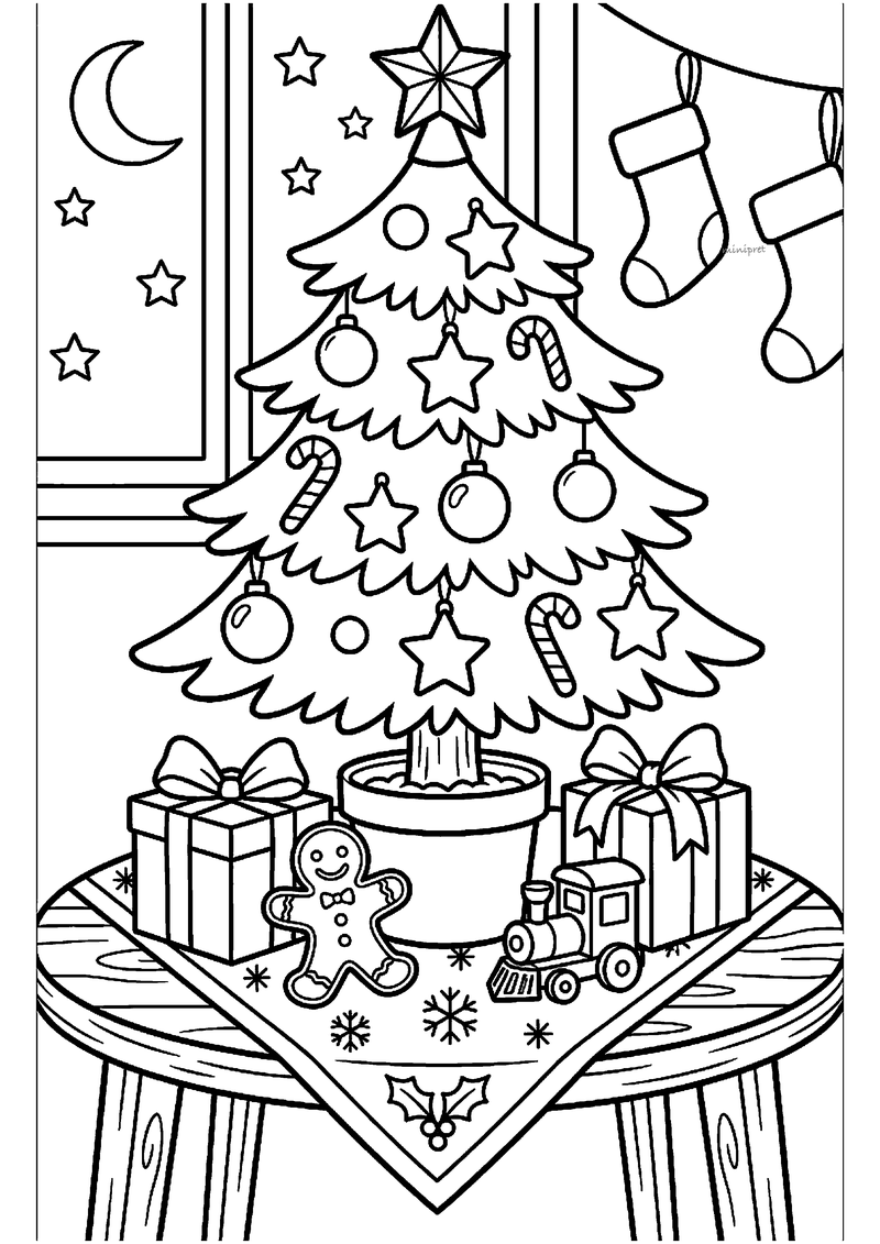 Kleurplaat van een kleine kerstboom in een pot op ronde tafel met ster, sterren, zuurstokken en kerstballen.