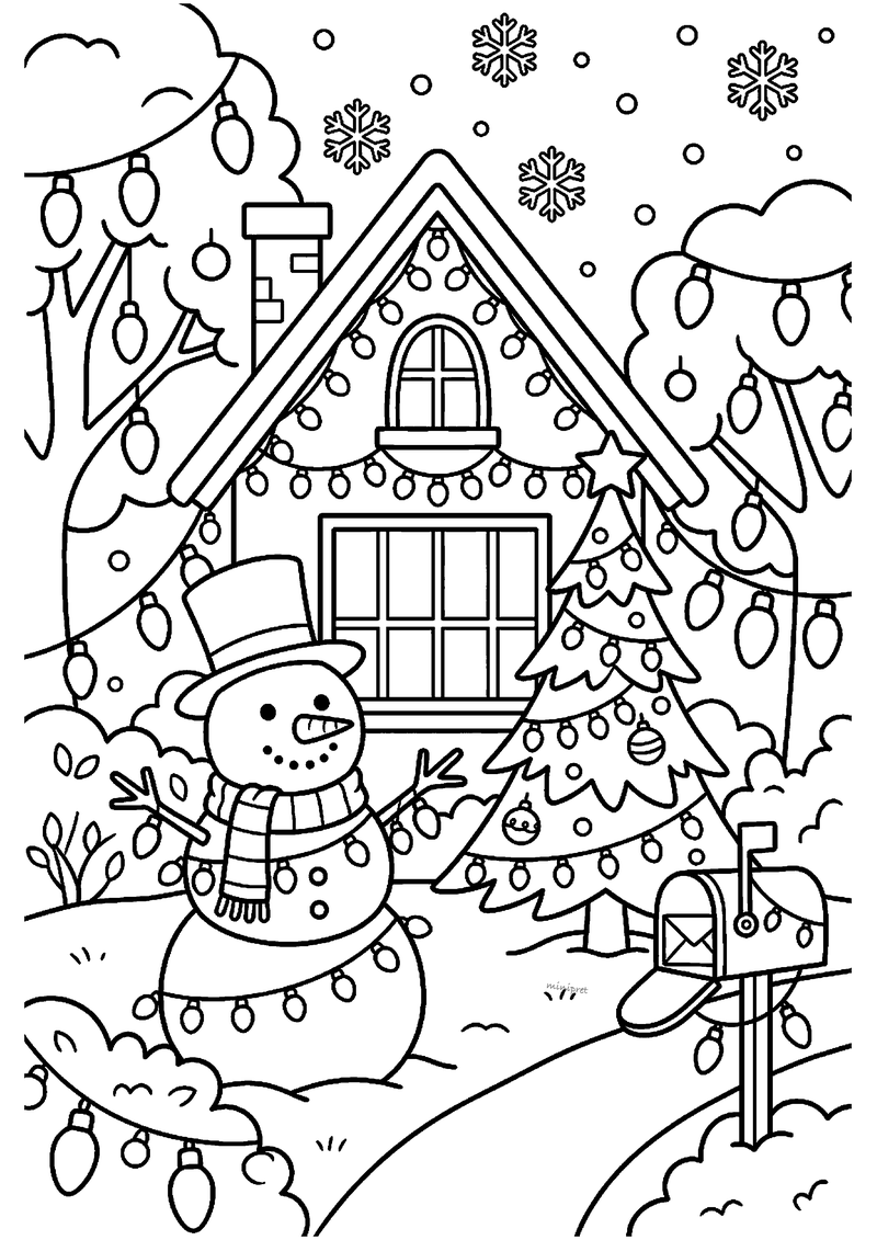 Kleurplaat van versierd huis met kerstverlichting aan bomen en dak; sneeuwpop met lampslinger en versierde kerstboom.