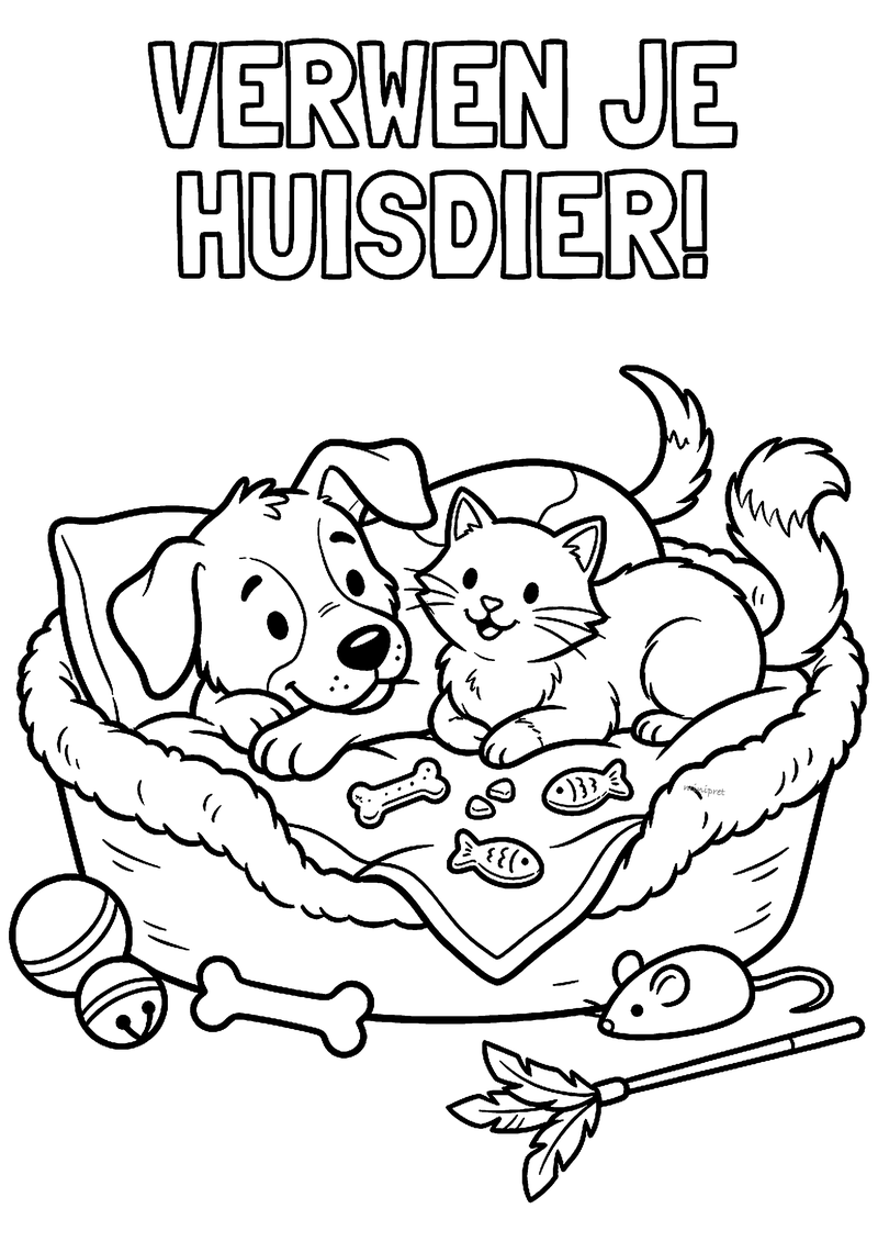 Kleurplaat met de tekst Verwen je huisdier: een hond en een kat in een mand met snoepjes, en speelgoed op de vloer