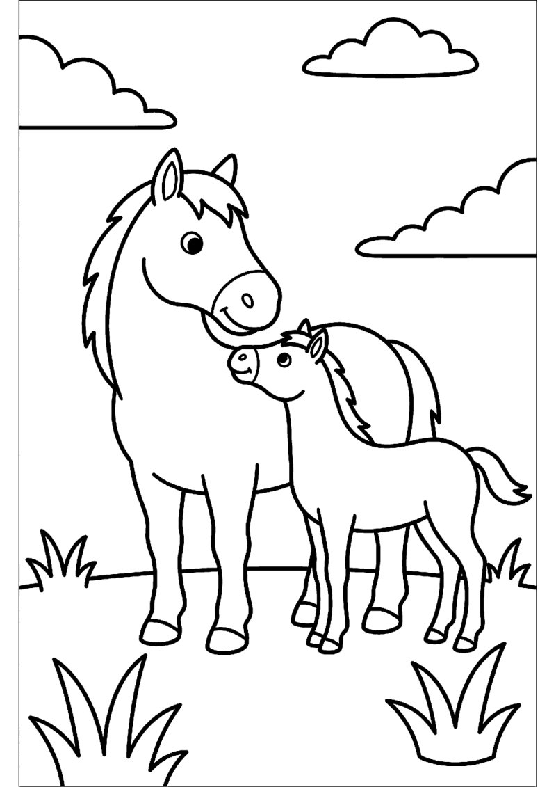 Veulen bij moeder kleurplaat — gratis kleurplaat