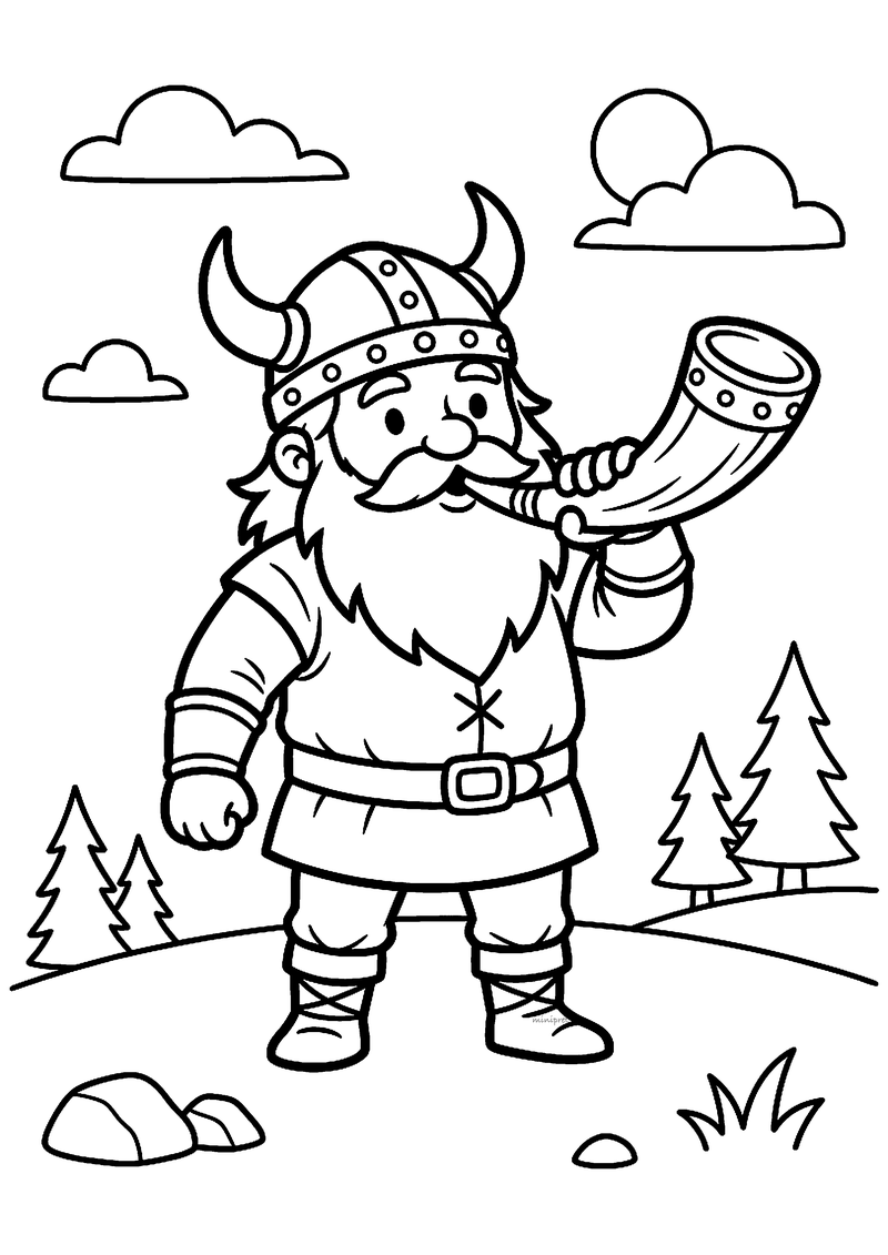 Kleurplaat van een viking met gehoornde helm en lange baard die op een grote hoorn blaast op een heuvel met dennenbomen