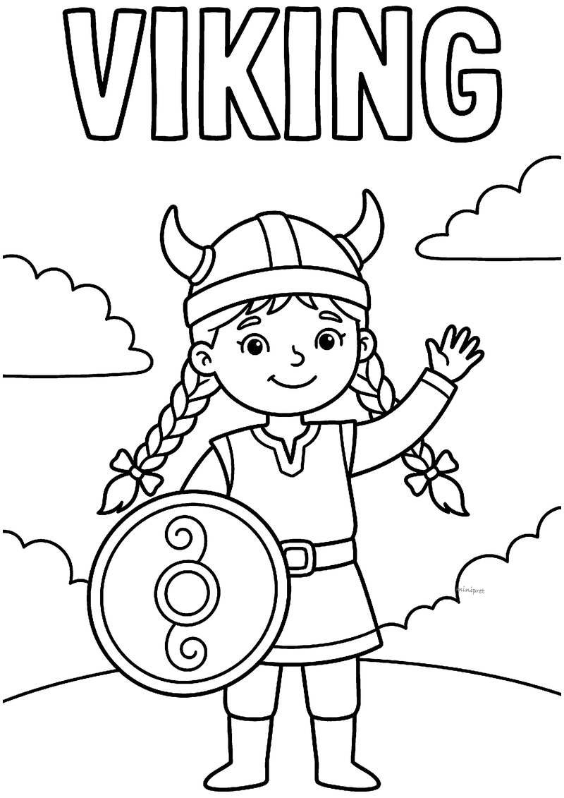 Kleurplaat van een zwaaiend vikingmeisje met hoornhelm, lange vlechten en een rond schild, met VIKING erboven