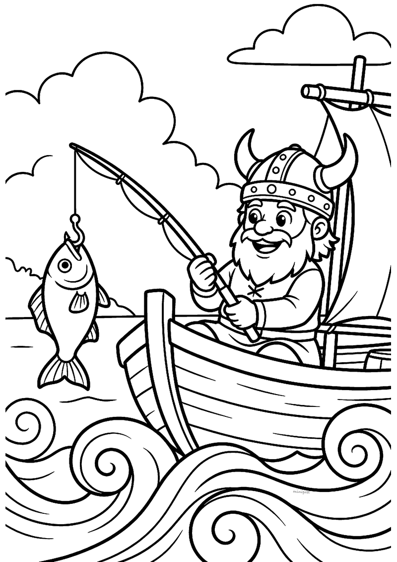 Kleurplaat van een lachende viking met hoornhelm die vanuit een houten boot een vis aan zijn hengel vangt