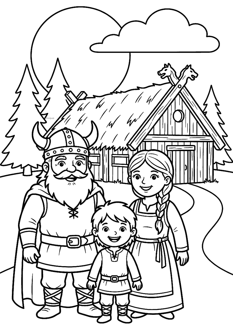Kleurplaat van een vikingvader met hoornhelm, een moeder met vlecht en hun zoon voor een houten huis met rieten dak