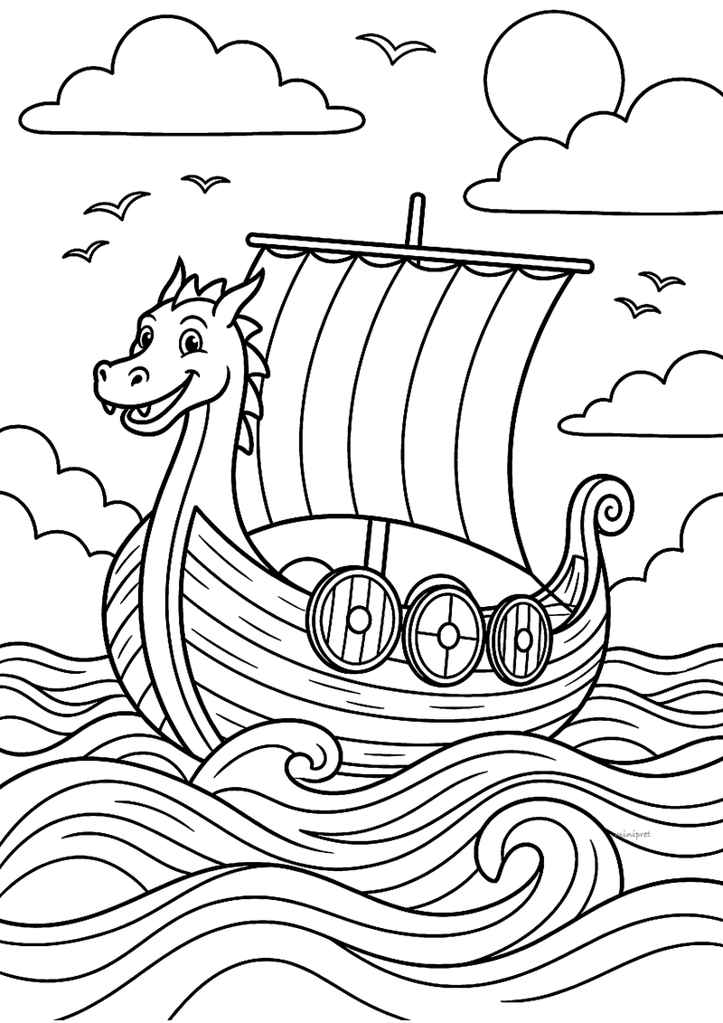 Kleurplaat van een houten vikingschip met een lachende drakenkop, een gestreept zeil en ronde schilden op hoge golven
