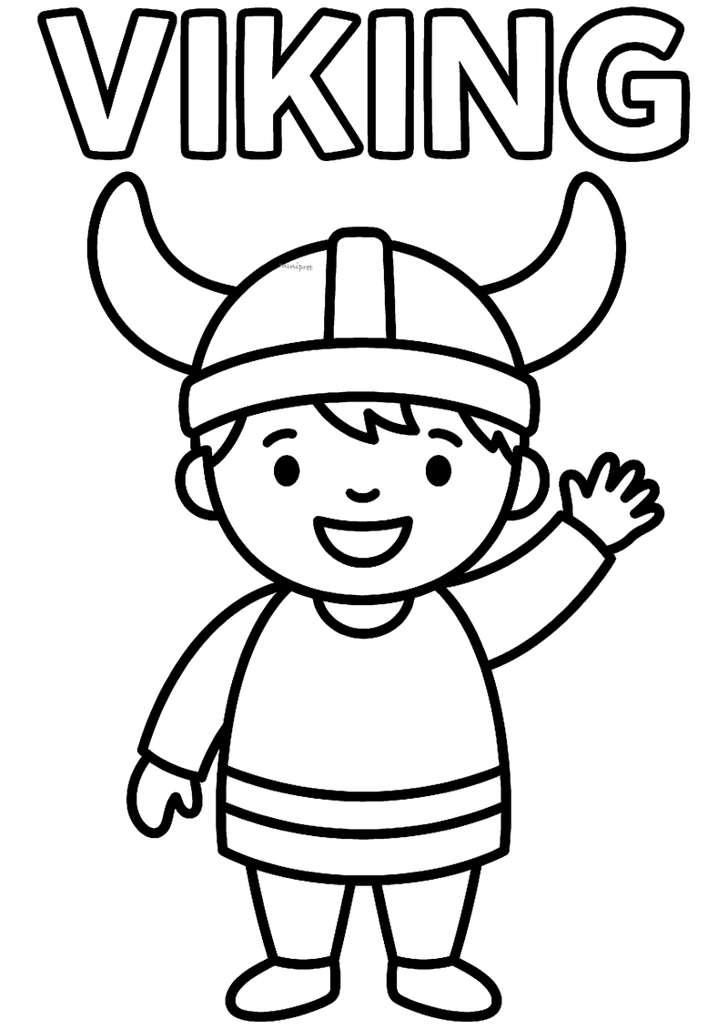 Kleurplaat van een zwaaiende kleine viking met een helm met twee hoorns en het woord VIKING erboven