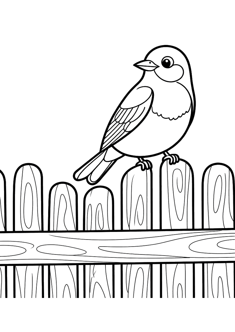 Kleurplaat van een kleine rondlijvige vink die op een houten paal van een tuinhek zit, zijaanzicht