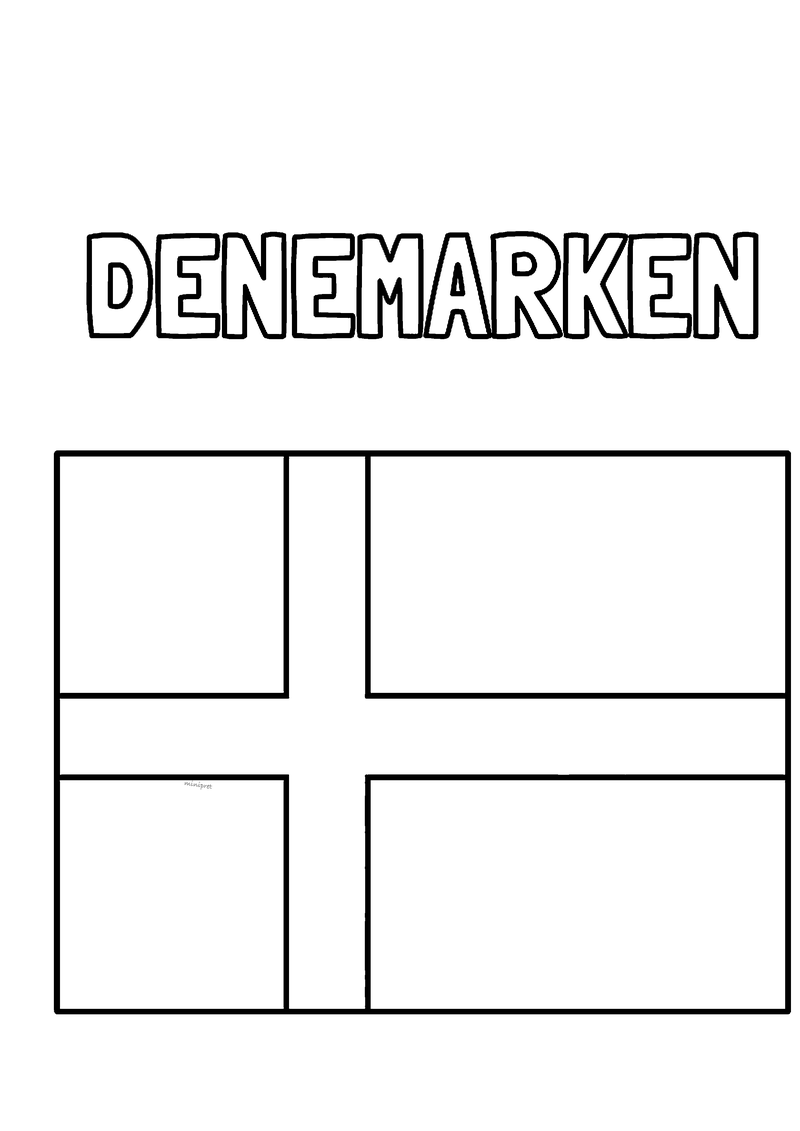 Kleurplaat van de Deense vlag met een kruis, met daarboven het woord Denemarken