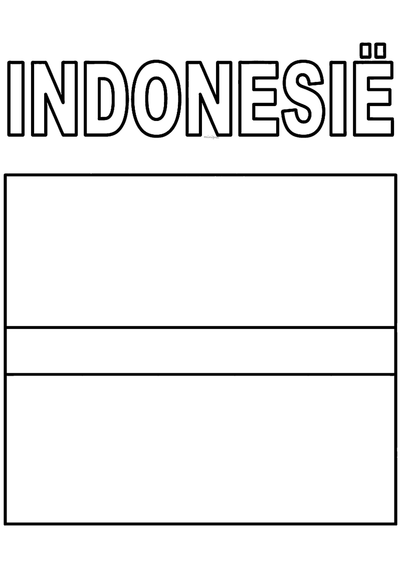 Kleurplaat van de vlag van Indonesië met twee horizontale banen, met daarboven het woord Indonesië