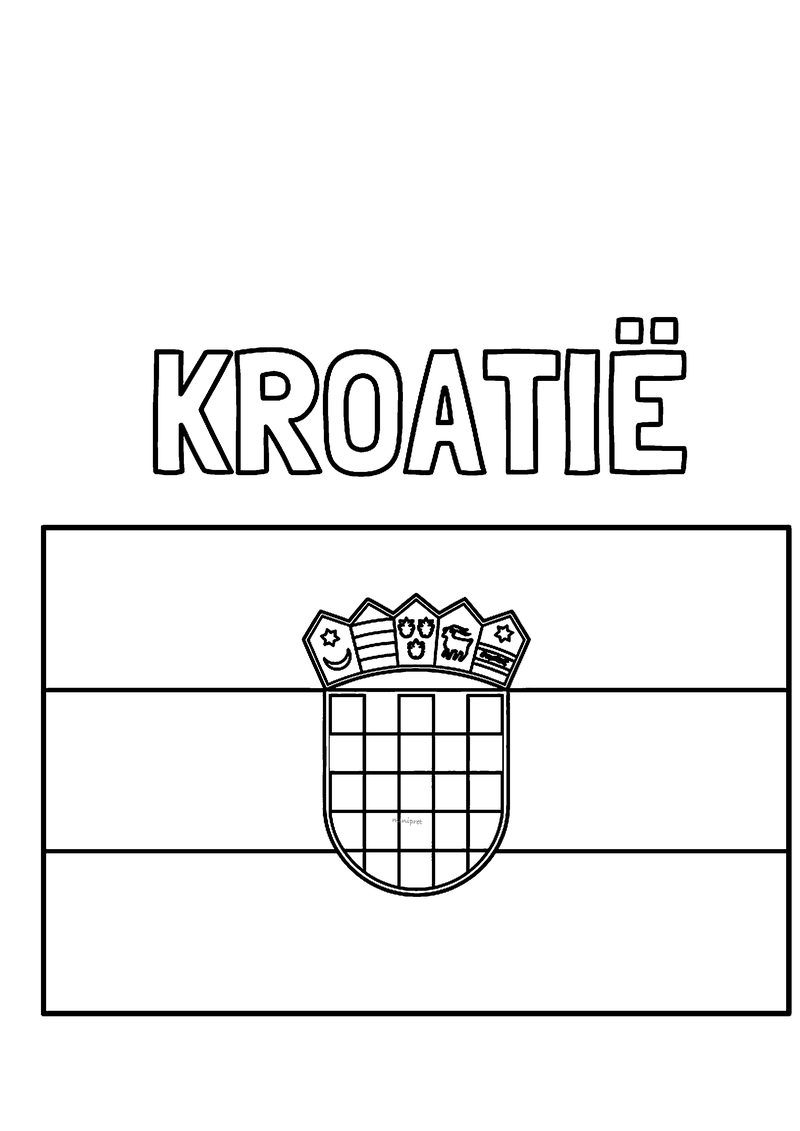 Kleurplaat van de vlag van Kroatië met drie banen en het geblokte wapen met kroon in het midden