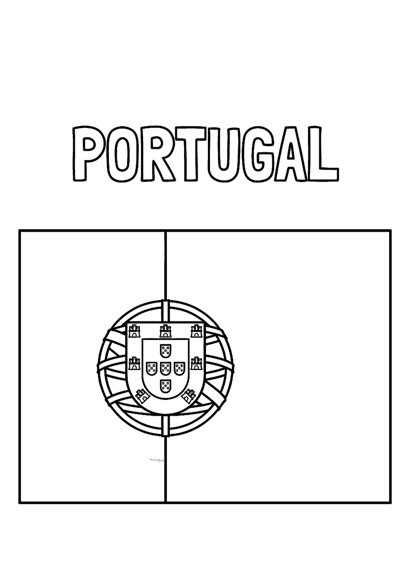 Kleurplaat van de vlag van Portugal met twee verticale banen en het wapen met wereldbol en schild