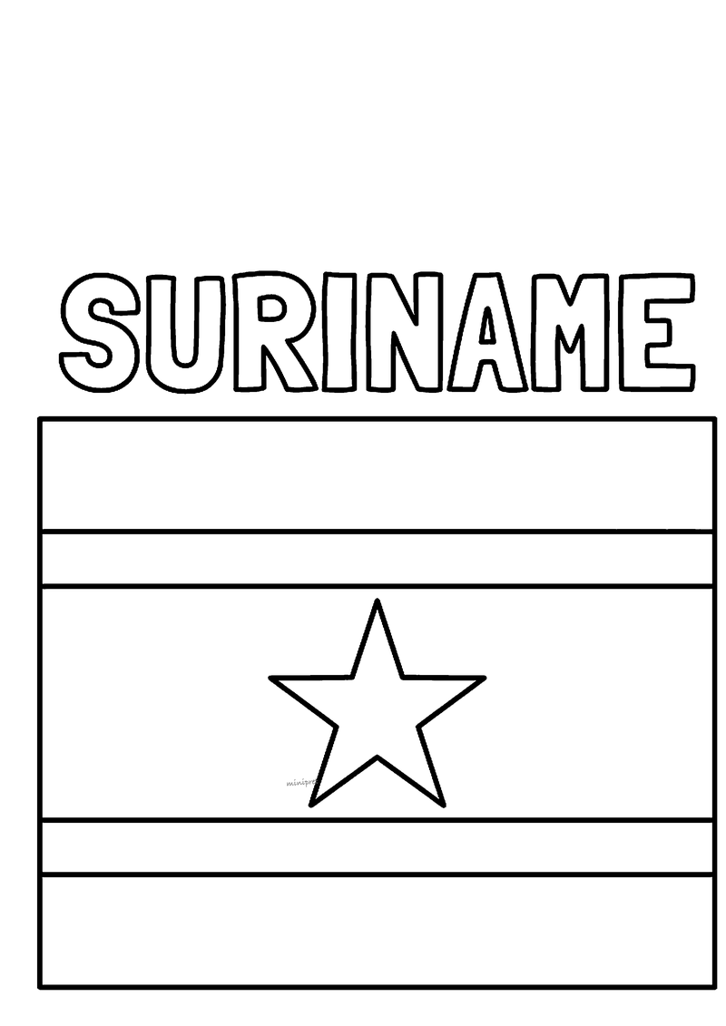 Kleurplaat van de vlag van Suriname met vijf horizontale banen en een grote ster in het midden