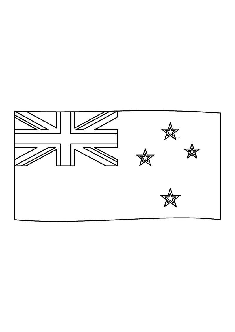 Vlag van Nieuw-Zeeland in lijntekening met aanwijzingen voor de juiste kleuren
