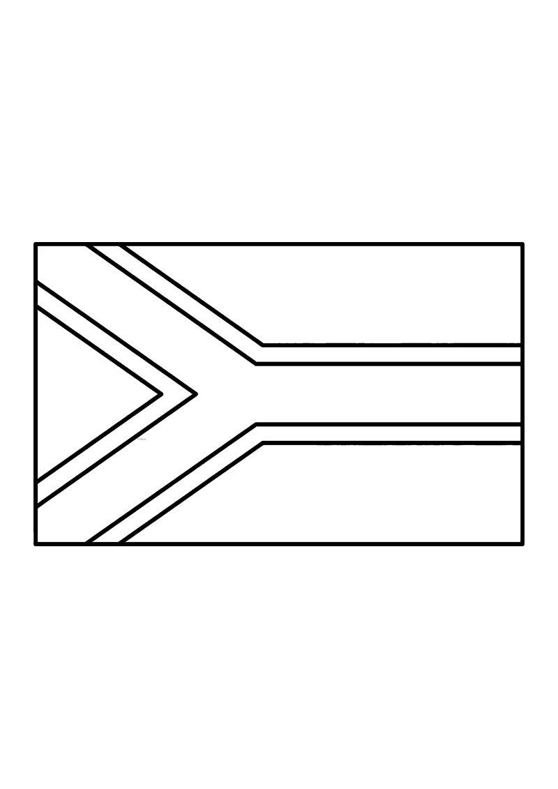 Vlag van Zuid-Afrika in lijntekening met aanwijzingen voor de juiste kleuren