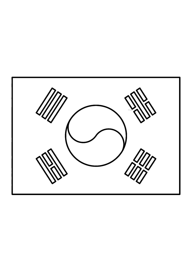 Vlag van Zuid-Korea in lijntekening met aanwijzingen voor de juiste kleuren