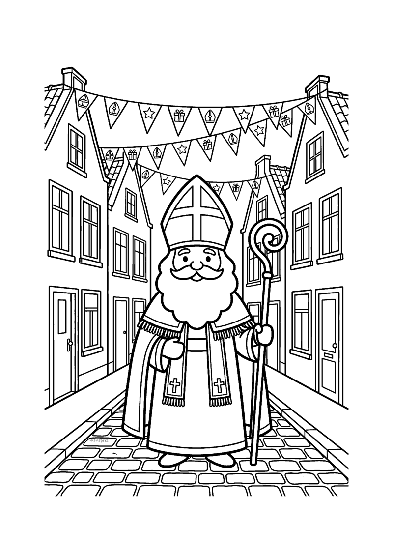 Kleurplaat van Sinterklaas met staf en mijter in smalle straat tussen huizen met vlaggetjesslinger erboven