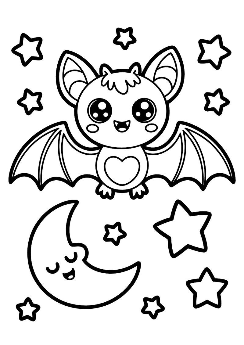 Kleurplaat van een kawaii vleermuis met hartje op de buik boven een slapende halve maan met sterren.