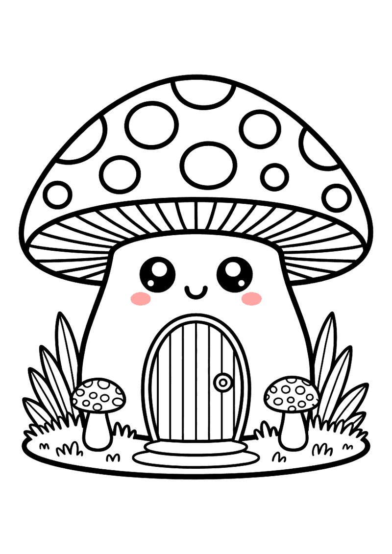 Kleurplaat van een kawaii vliegenzwam met stippen, deur en raampje als huisje in het gras.