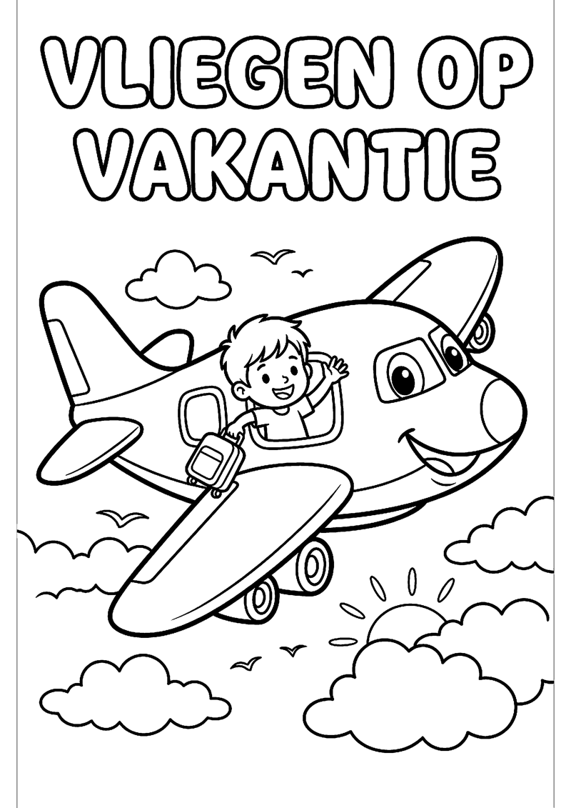 Vliegtuig met Koffer Wolkjes en Vrolijk Kind met Tekst Vliegen op Vakantie Vakantie Kleurplaat — gratis kleurplaat printen