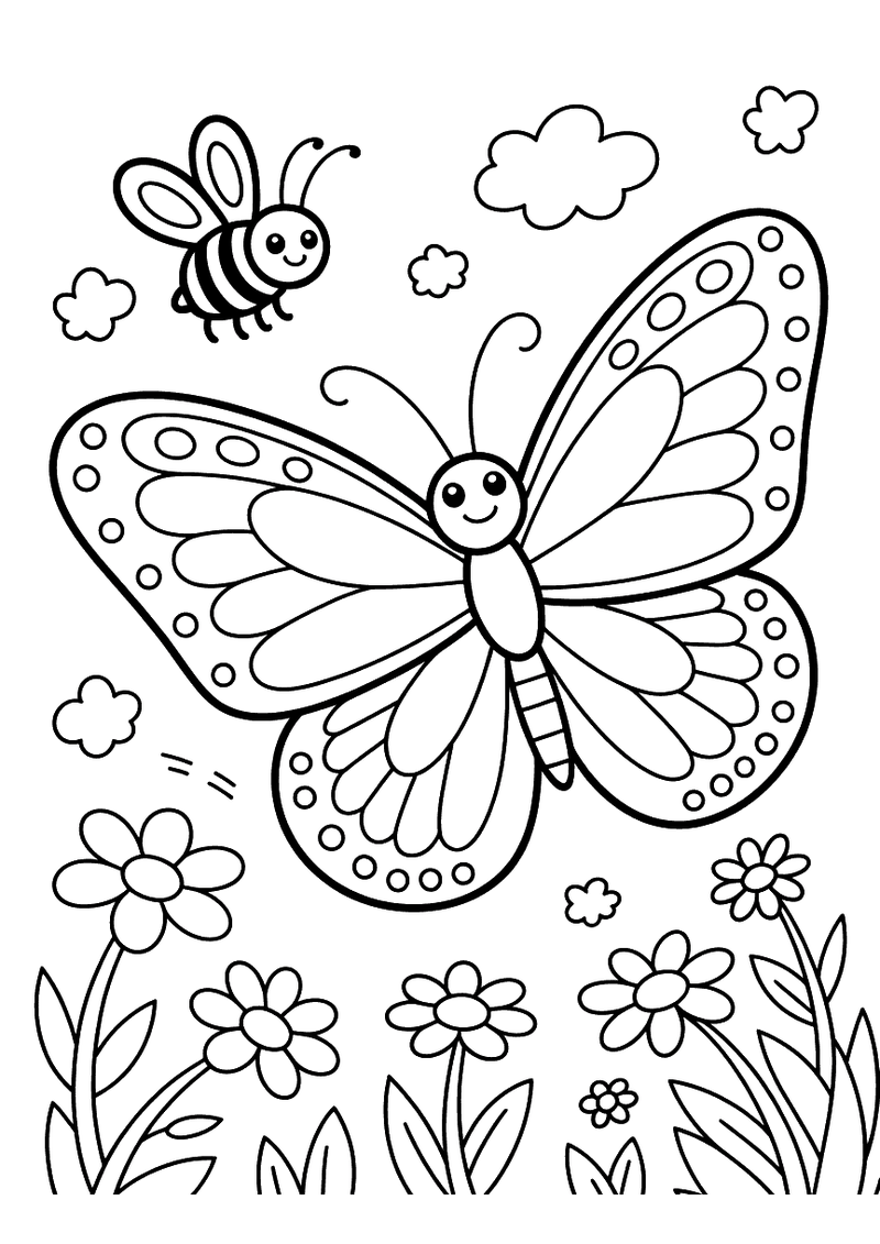 Kleurplaat van een lachende vlinder met grote gevlekte vleugels die boven een bloemenweide zweeft, met een vriendelijke