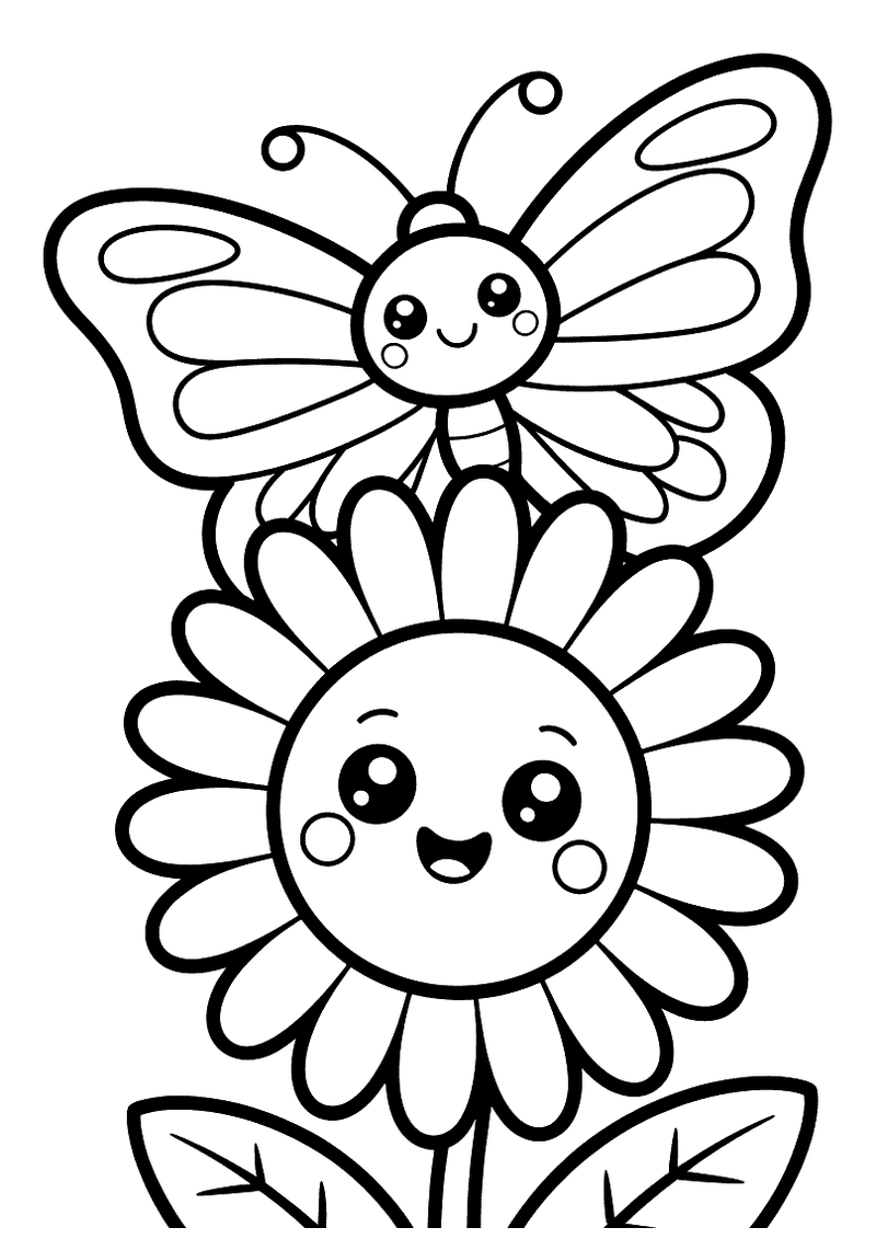 Kleurplaat van een lachende kawaii vlinder die bovenop een grote lachende zonnebloem zit met groene bladeren onderaan
