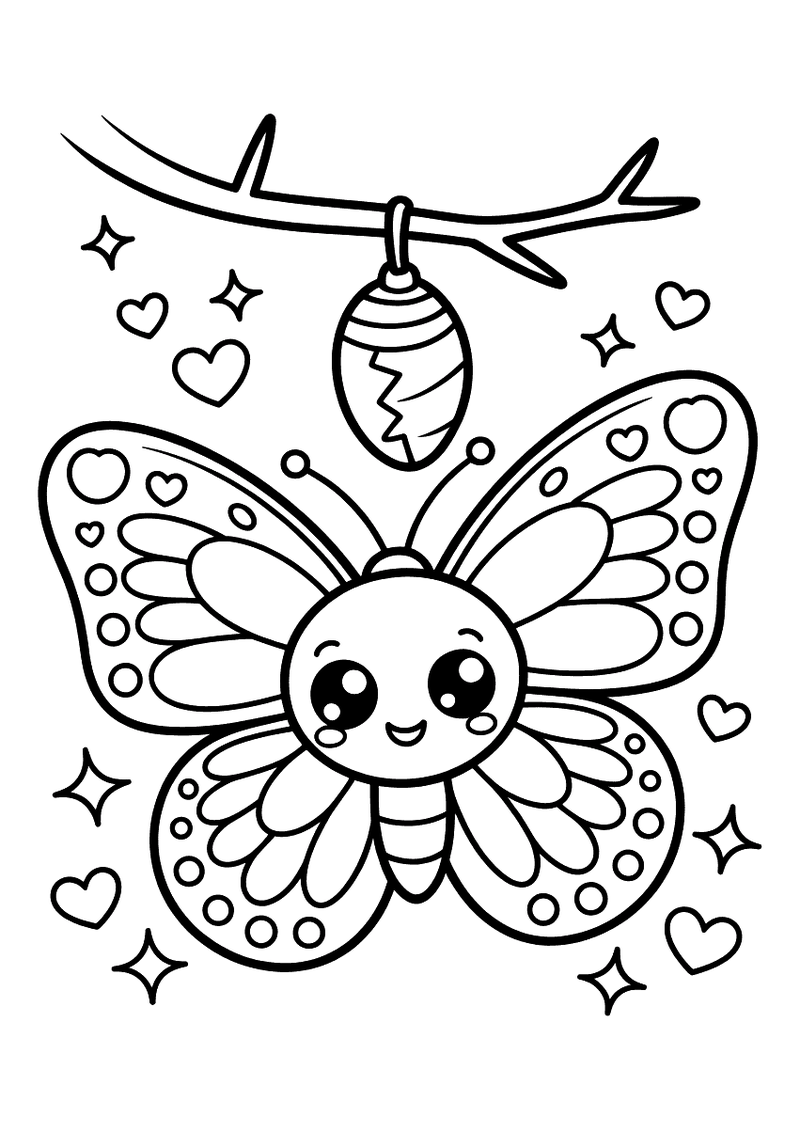 Kleurplaat van een kawaii vlinder met grote vleugels vol hartjes en patronen die naast een cocon aan een tak hangt, omri