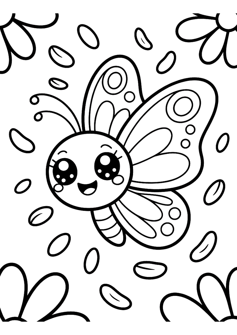Kleurplaat van een vrolijke kawaii-vlinder met grote ogen die zweeft tussen vallende bloemblaadjes en bloemenvormen op d