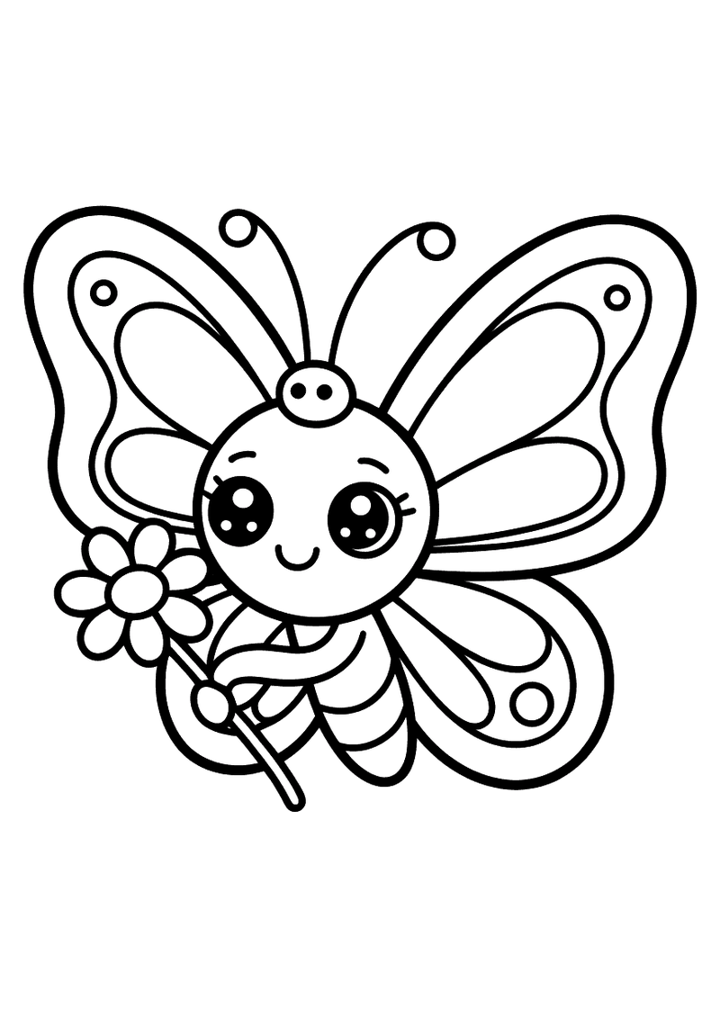 Kleurplaat van een schattige kawaii-vlinder met grote ogen die een kleine bloem vasthoudt in haar voorpootjes en brede r