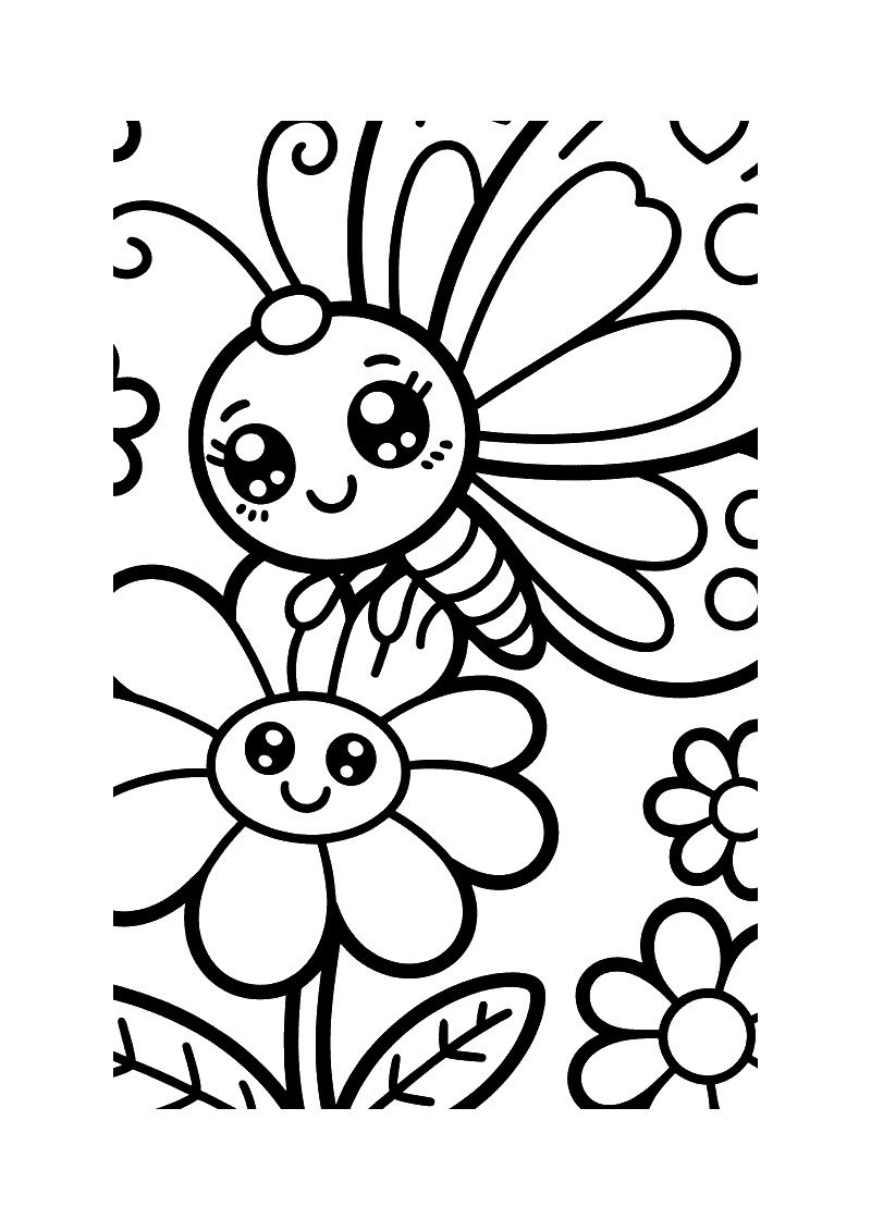 Kleurplaat van een kawaii vlinder met grote ogen die nectar drinkt van een grote lachende bloem, omgeven door meer bloem
