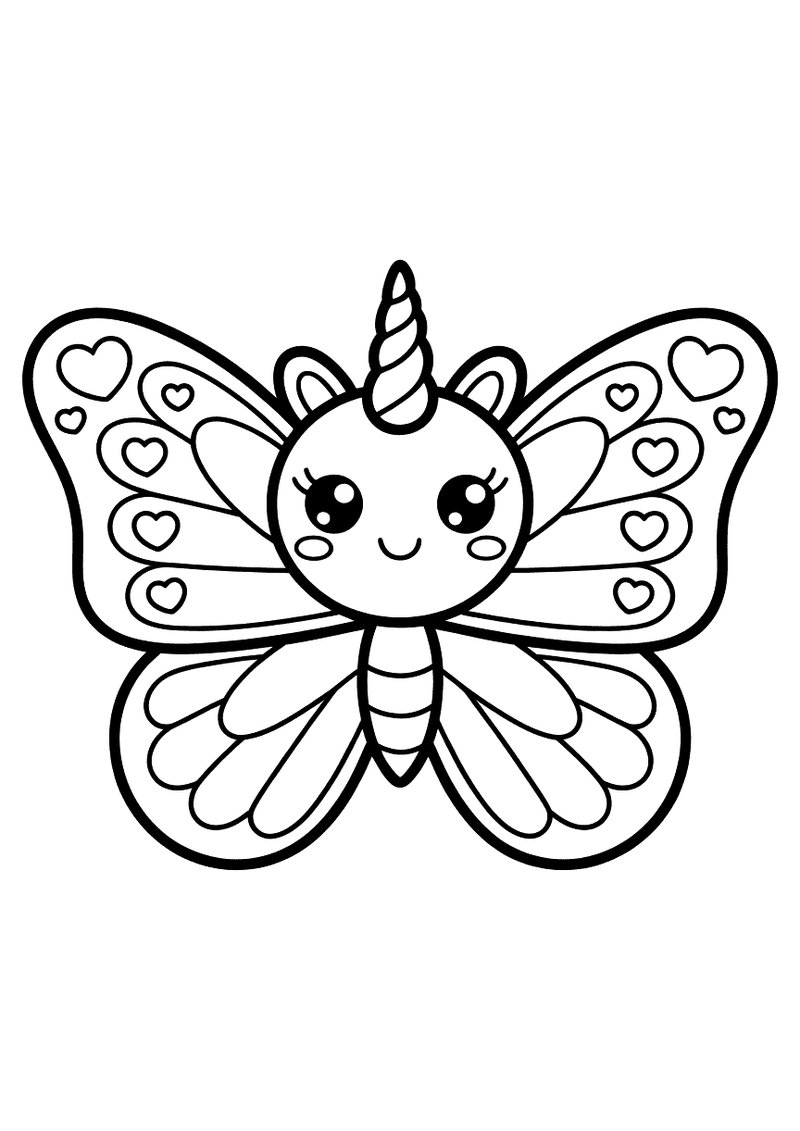 Kleurplaat van een kawaii vlinder met een eenhoornhoorn op het voorhoofd, grote ogen en vleugels vol hartjes en gelaagde