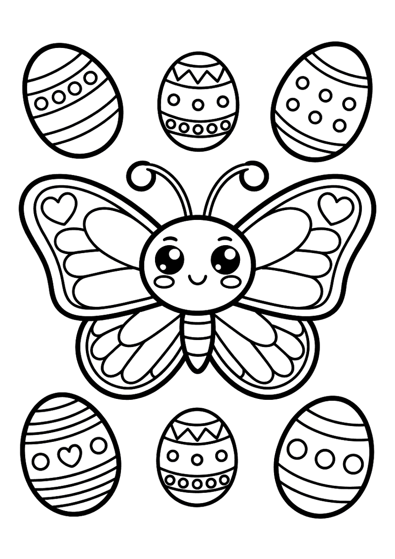 Kleurplaat van een kawaii-vlinder met grote ogen omringd door zes versierde eieren met stippen, strepen en krulpatronen