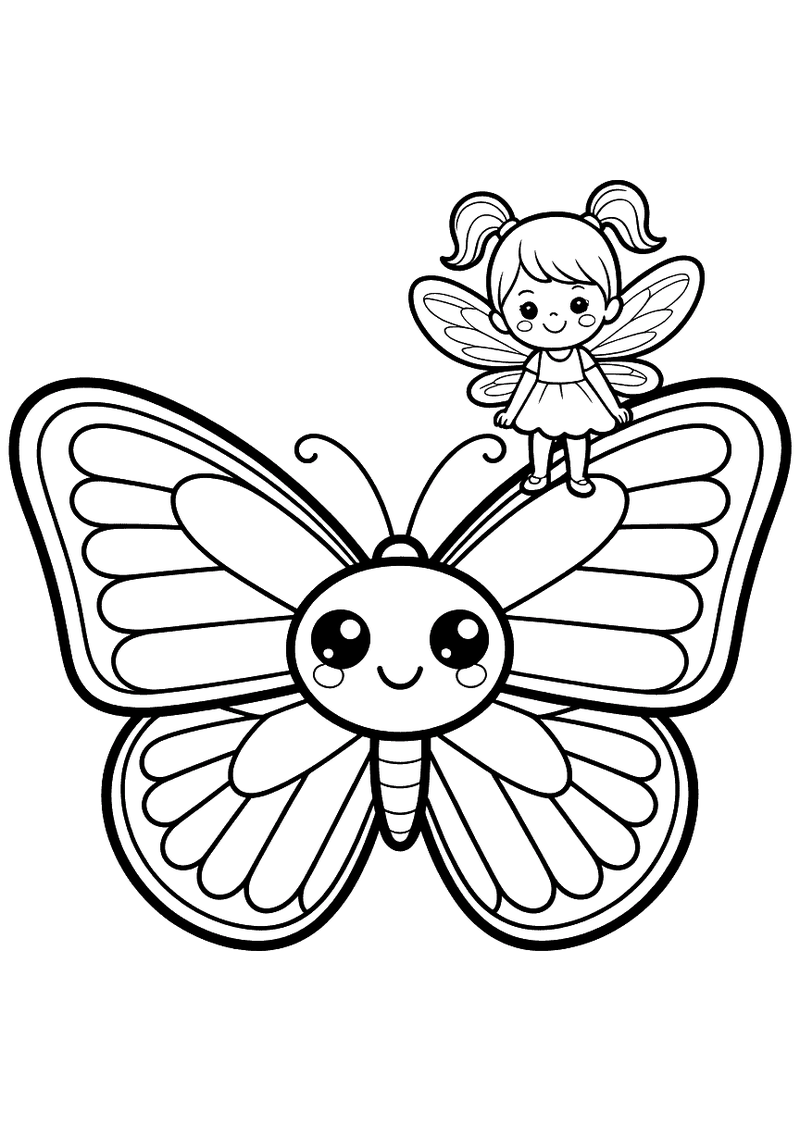Kleurplaat van een grote kawaii-vlinder met een kleine glimlachende fee die op haar rug staat en haar armpjes uitstrekt