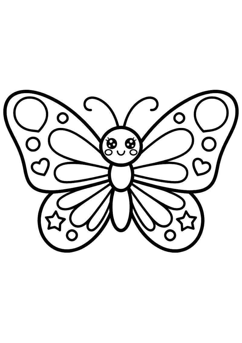 Kleurplaat van een grote kawaii-vlinder met vleugels vol gedetailleerde patronen van hartjes, sterren, cirkels en sierli